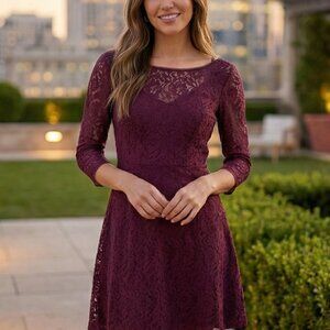 Burgundy Floral Lace Fit & Flare Cocktail Dress - 3/4 Sleeve, Boat Neck, Scoop B